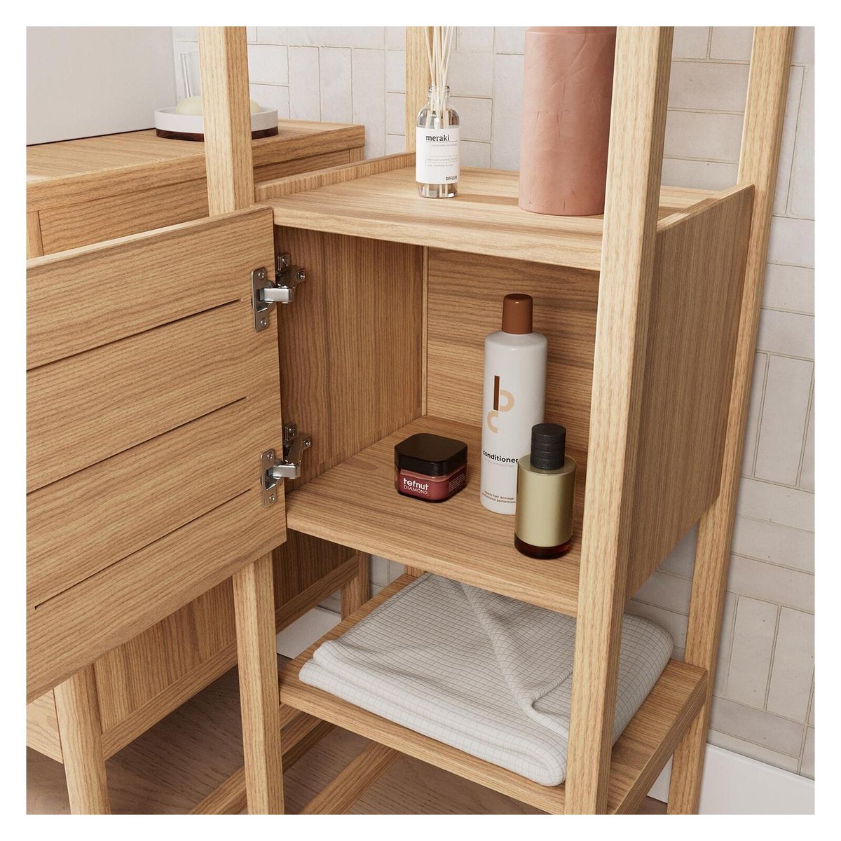 Ensemble meuble double vasque 140 cm + Vasques + Robinets + Miroir + Colonne ATOLL chêne - mdf - mat, MOB IN