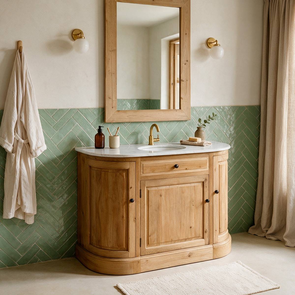 Meuble sous vasque bois recyclé et marbre GARANCE bois clair, MADE IN MEUBLES