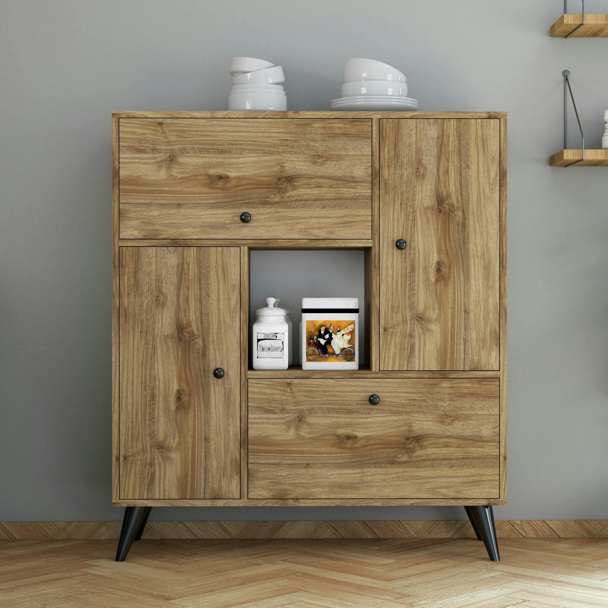 Buffet haut moderne 4 portes niche centrale, effet noyer JENA bois naturel, PIER IMPORT
