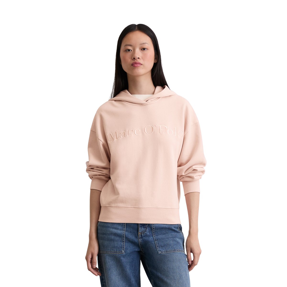Sweatshirt à capuche avec logo relaxed en coton organique rose, MARC O'POLO