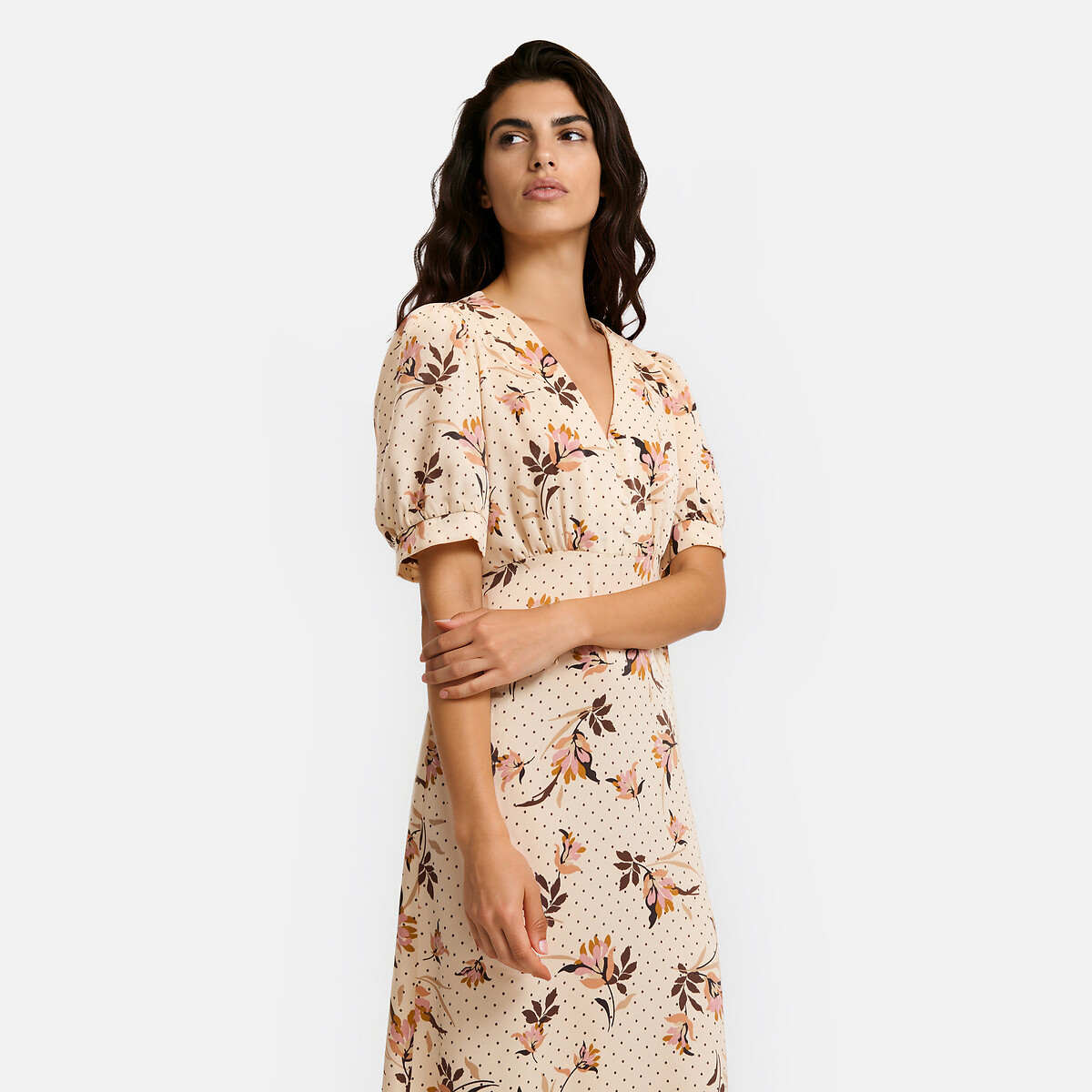 Vestido midi com decote em V, estampado floral e mangas curtas estampado flor rosa, LA REDOUTE COLLECTIONS