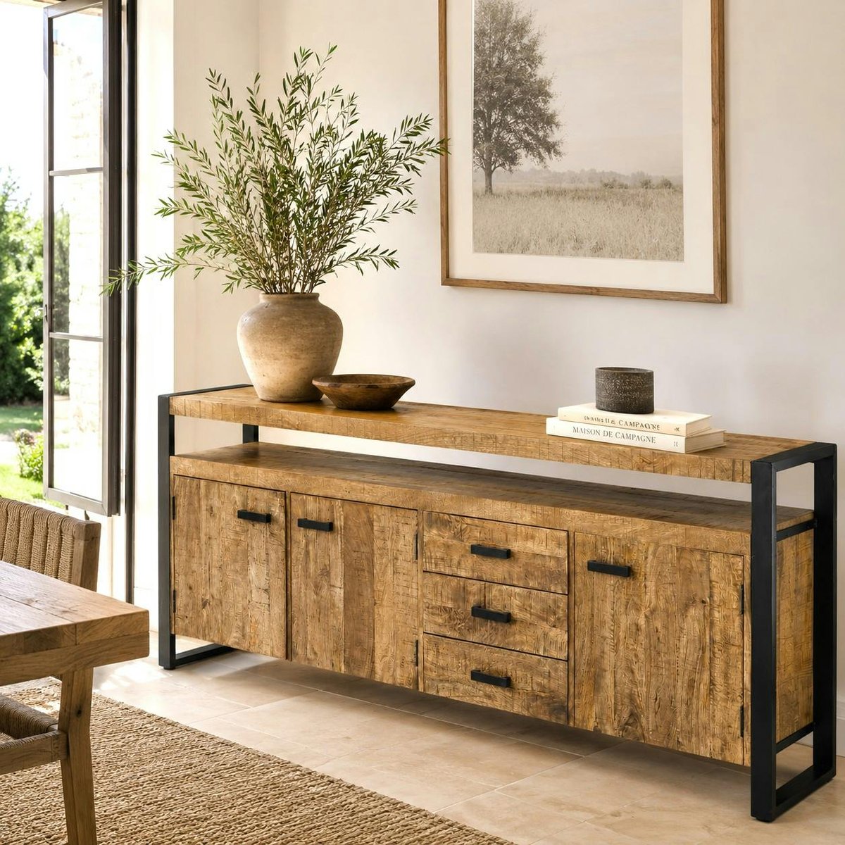 Buffet bois métal 3 portes double plateau KARGO bois naturel, PIER IMPORT