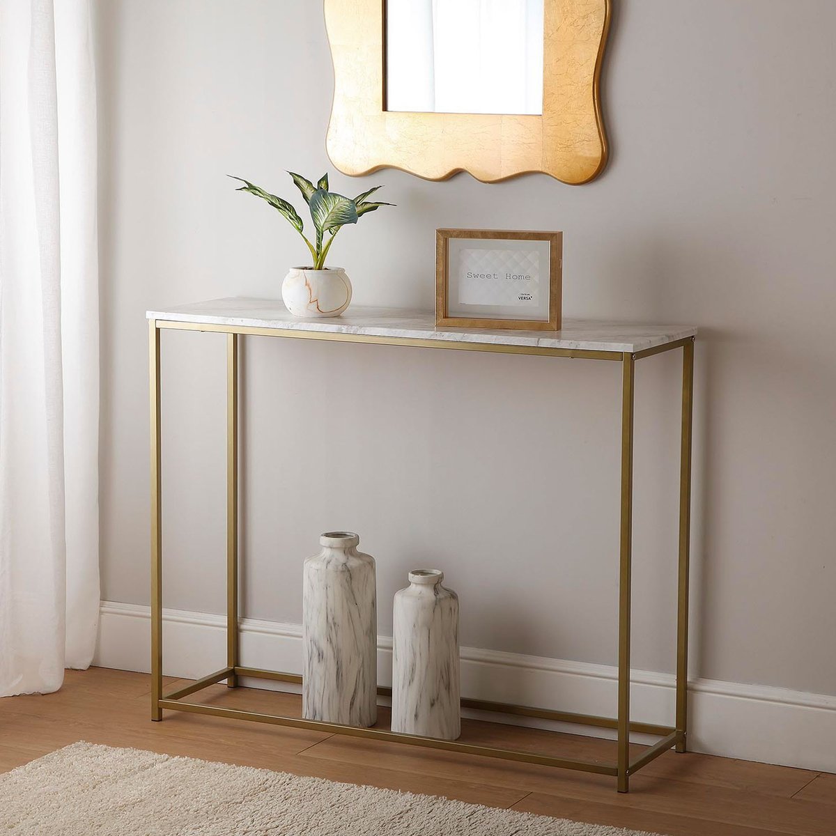 Console métal doré et plateau effet marbre blanc 100x30x81cm bois, WADIGA