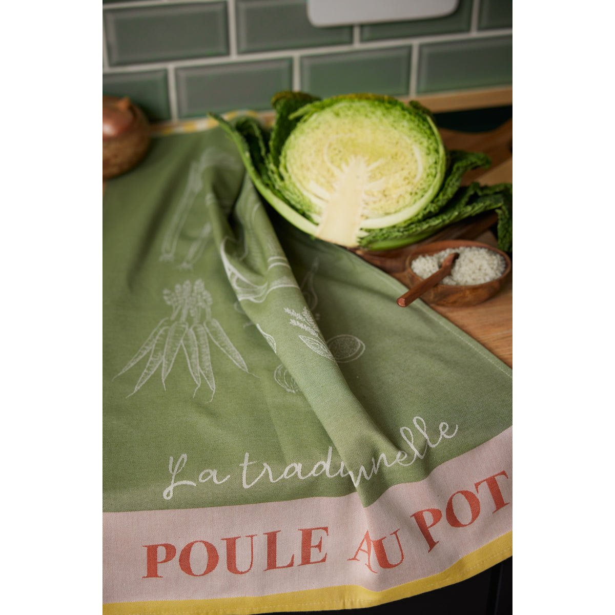 Torchon jacquard L'ART DE LA POULE AU POT vert amande, COUCKE