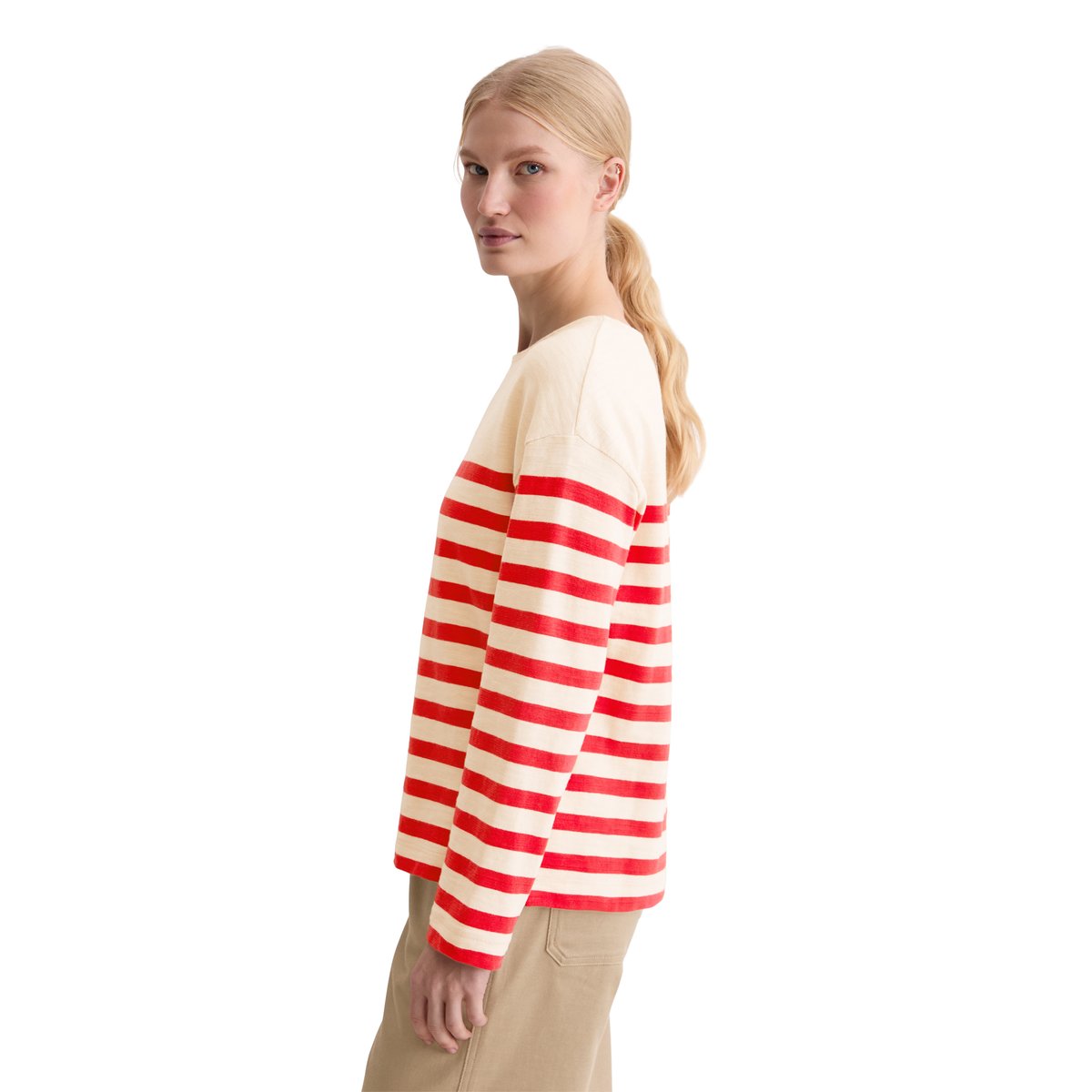 T-shirt long rayé relaxed en jersey heavy slub teint en fil rouge, MARC O'POLO