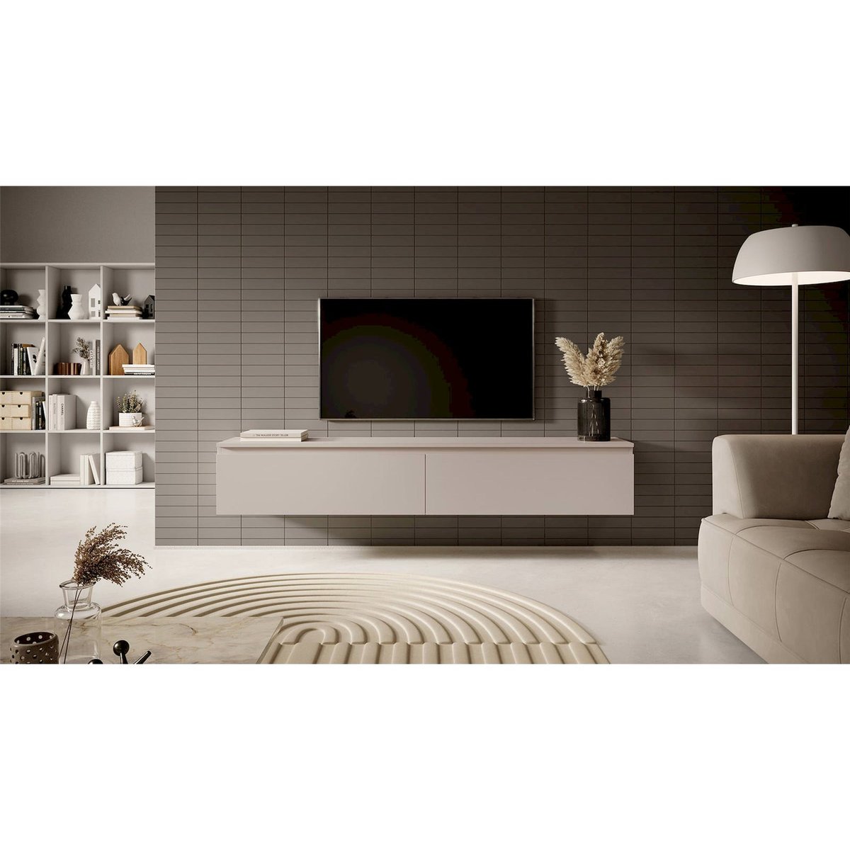 Meuble tv suspendu bois collection SENEY gris beige, RECOLLECTION