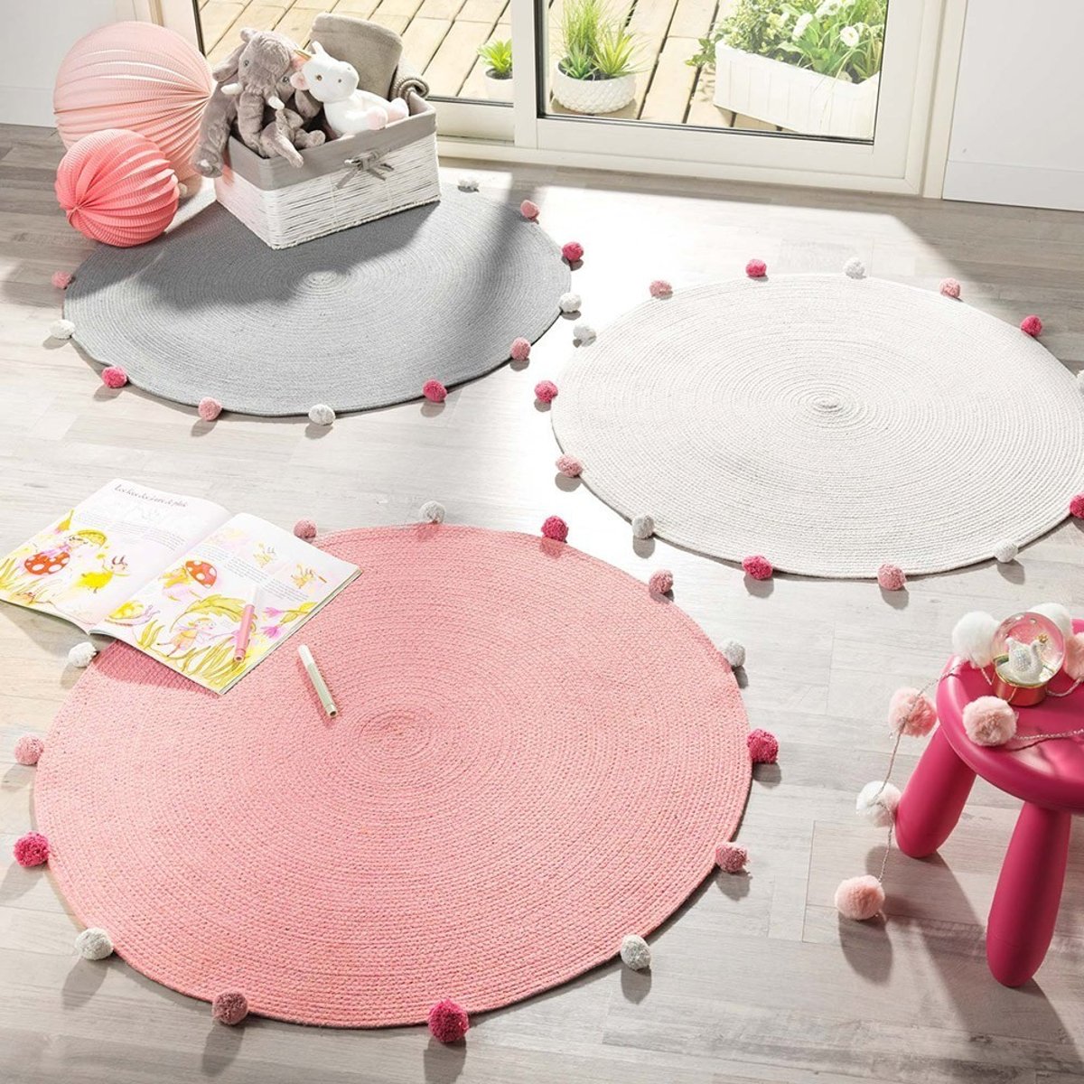 Tapis Rond Pompons 90  Pompomparty Vert gris, DECORATIE