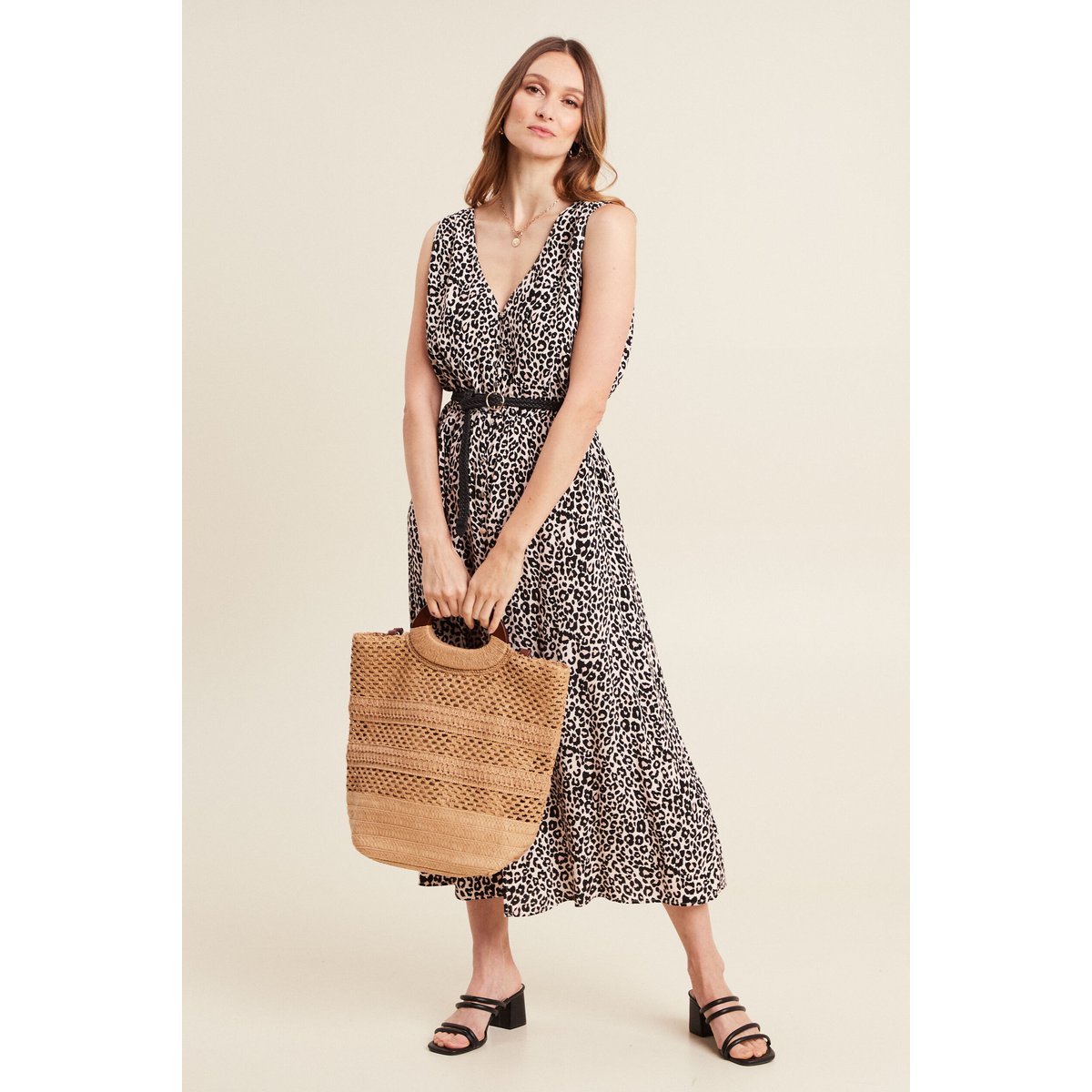Robe midi évasée ceinturée rose pastel, BREAL