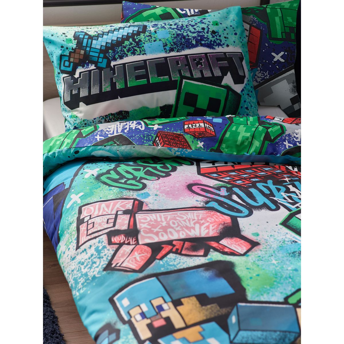 Parure housse de couette et taie d'oreiller minecraft vert, NEXT