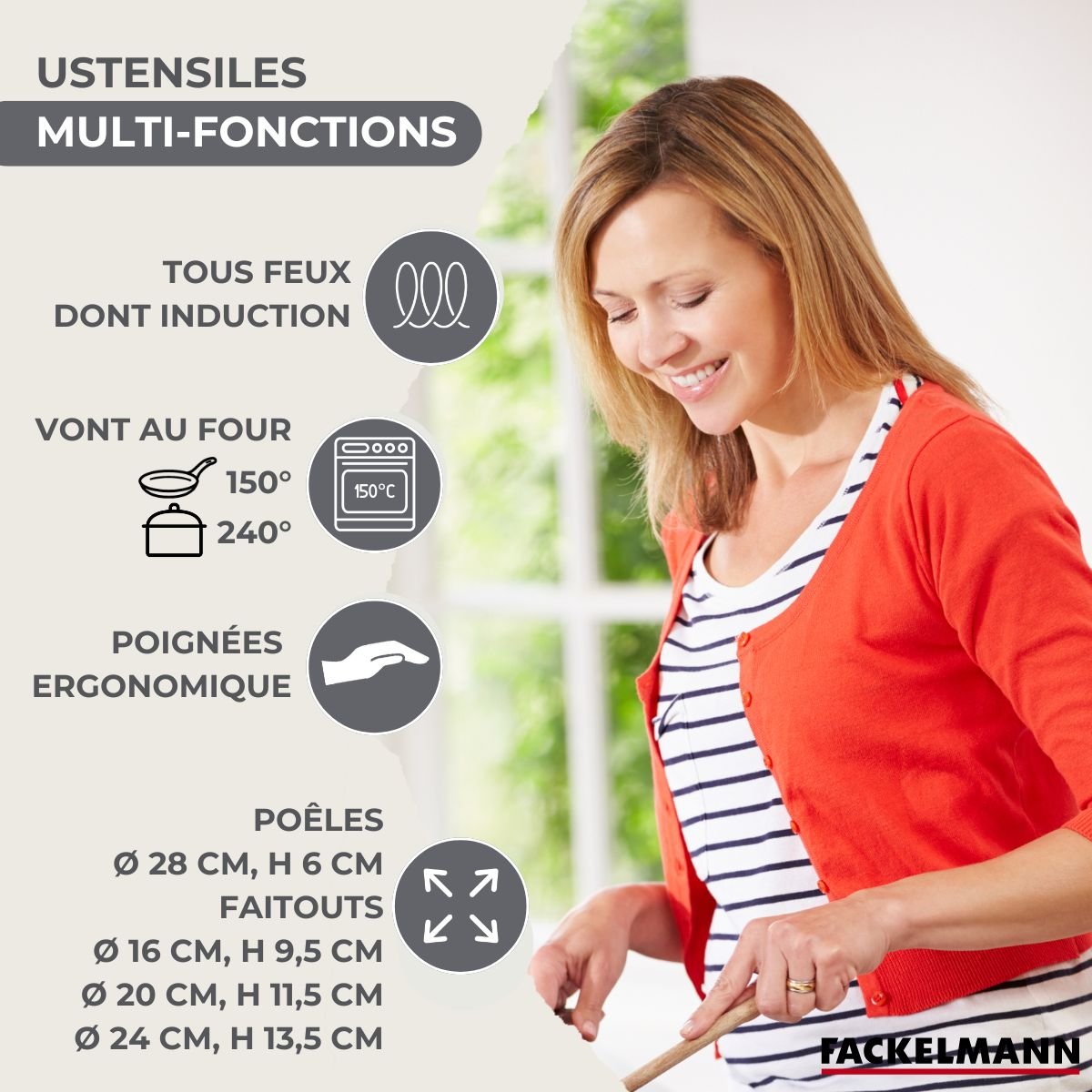 Batterie 1 poêle 28cm + 3 faitouts 16/20/24cm BRILLANT inox|noir, FACKELMANN