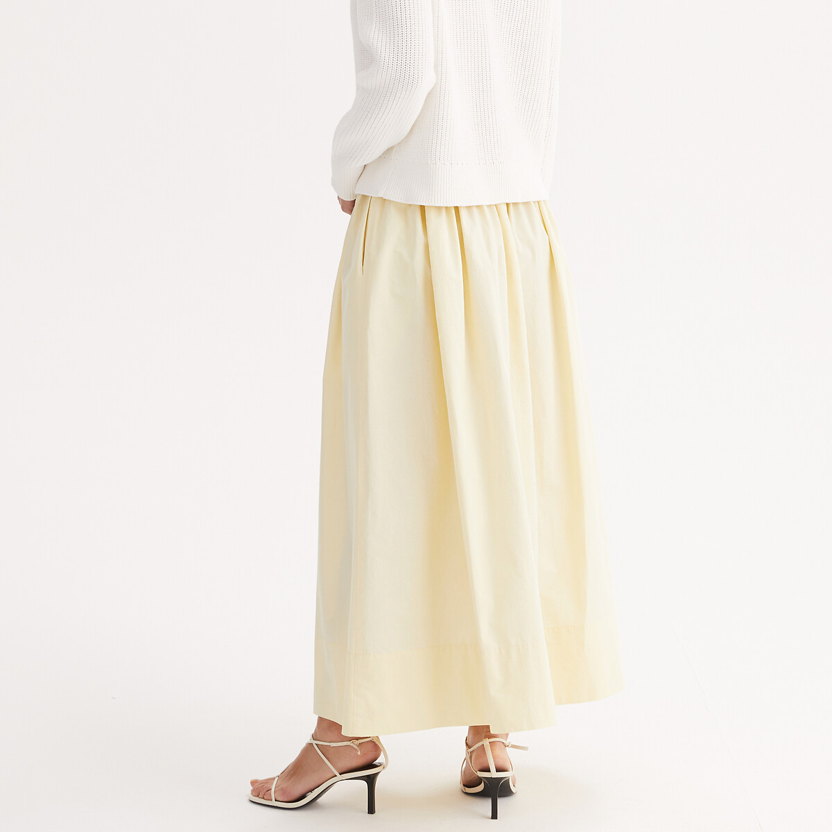 Jupe évasée, longueur midi, popeline de coton jaune, ANNE WEYBURN
