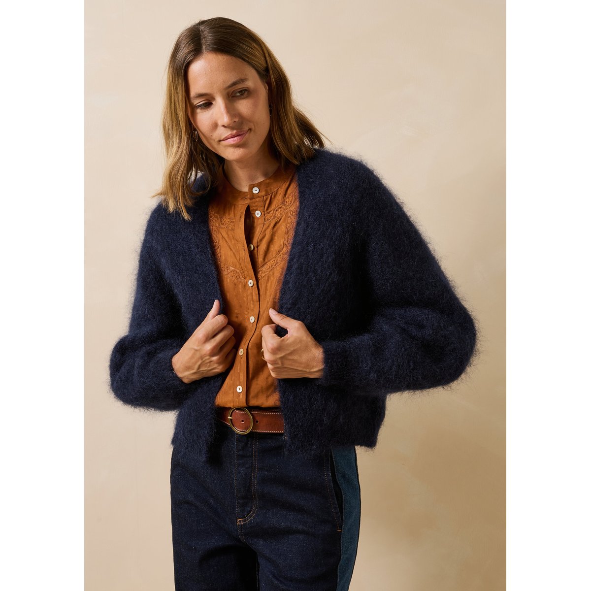 Gilet manches longues en maille bleu encre, LA FEE MARABOUTEE