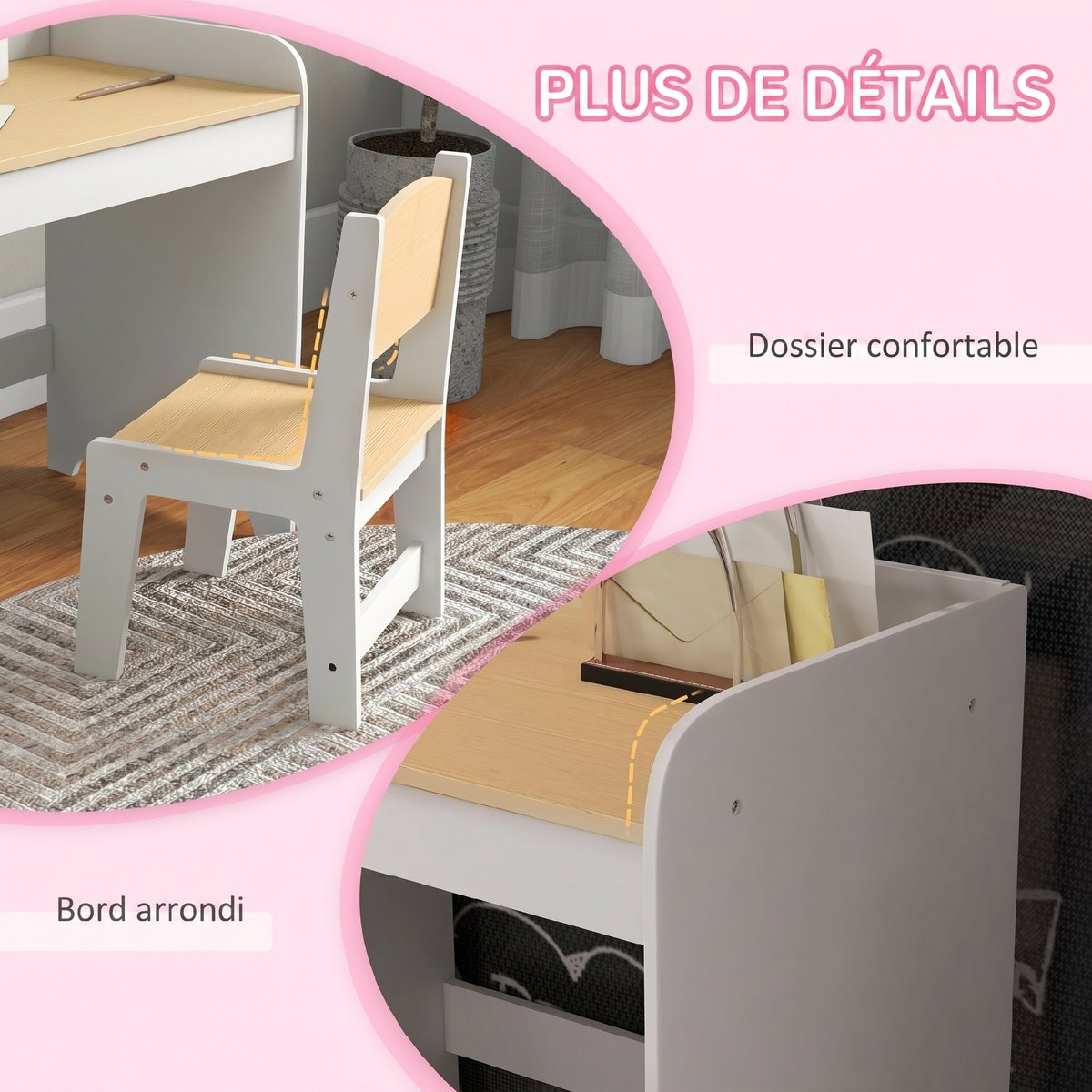 Bureau d'étude pour enfants avec chaise MDF blanc et bois clair, ZONEKIZ