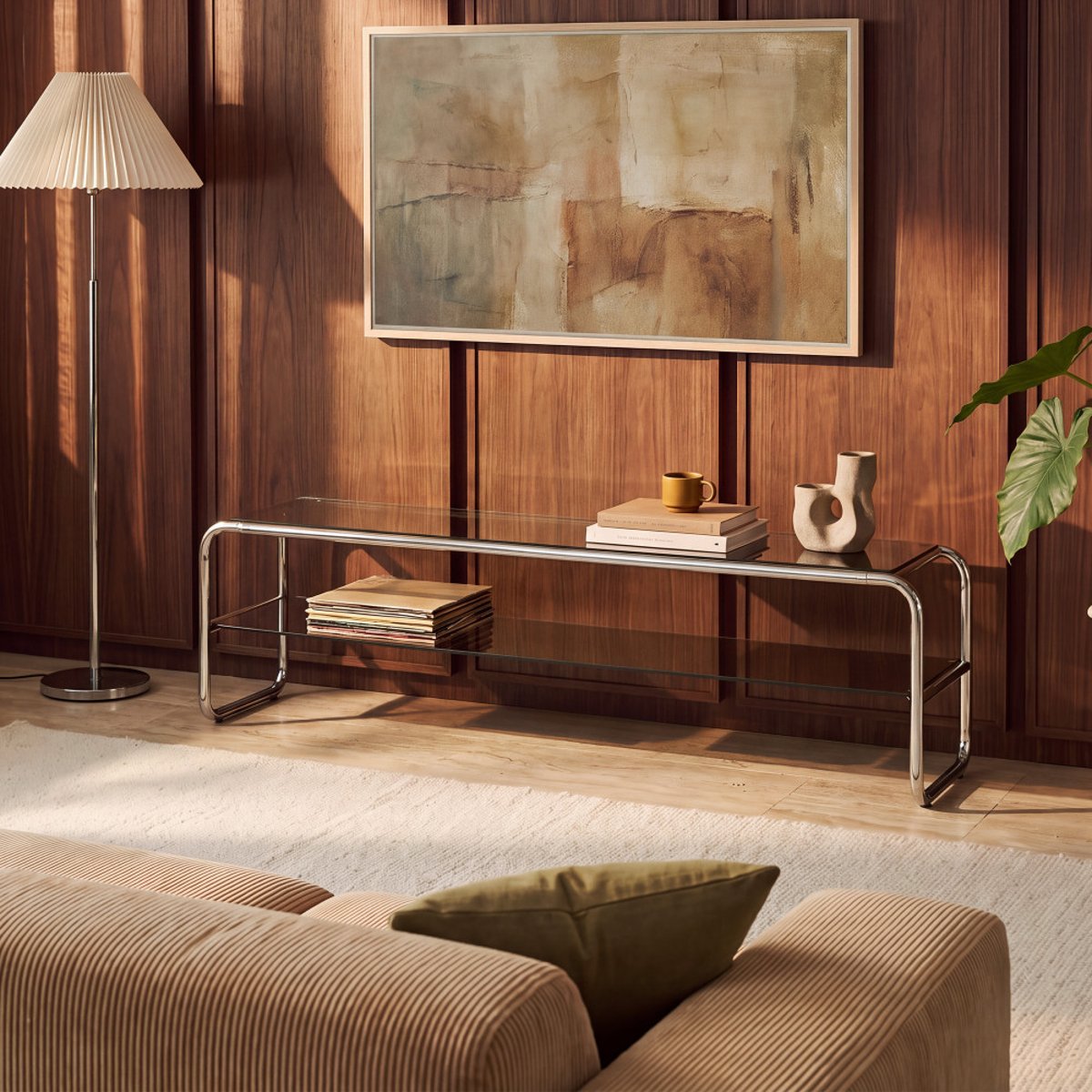 Meuble TV en verre et pieds chrome L 160 cm- DELIO verre ambré, DRAWER