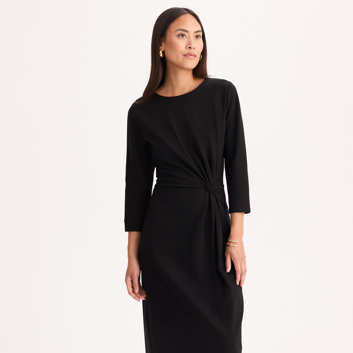 Robe longueur midi, manches 3/4, effet drapé noir, ANNE WEYBURN