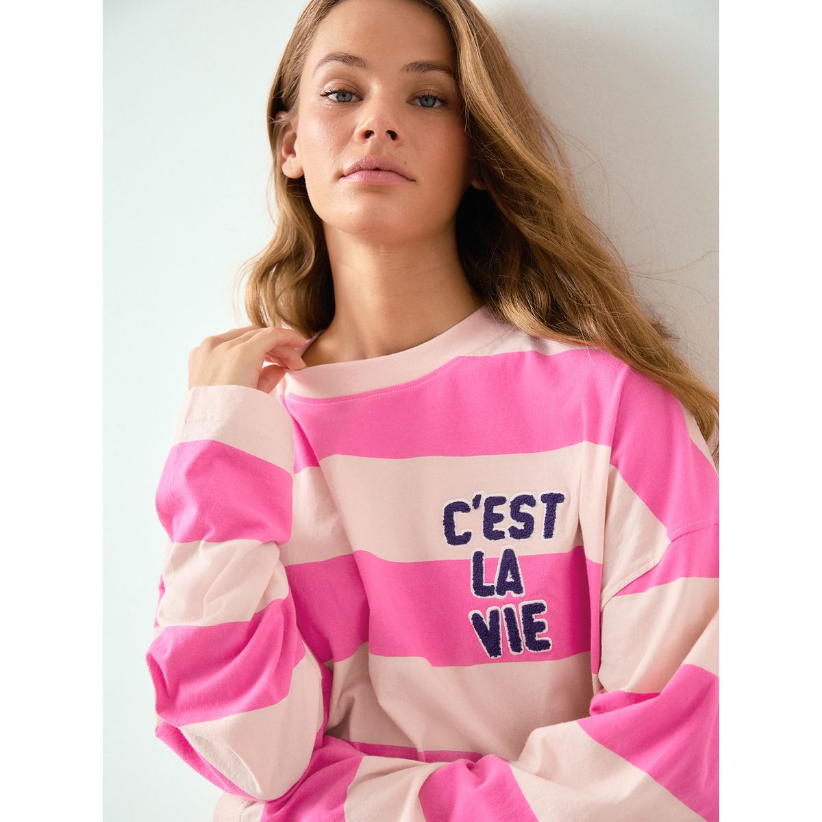 T-shirt imprimé à manches longues rayures roses et blanches, NEXT