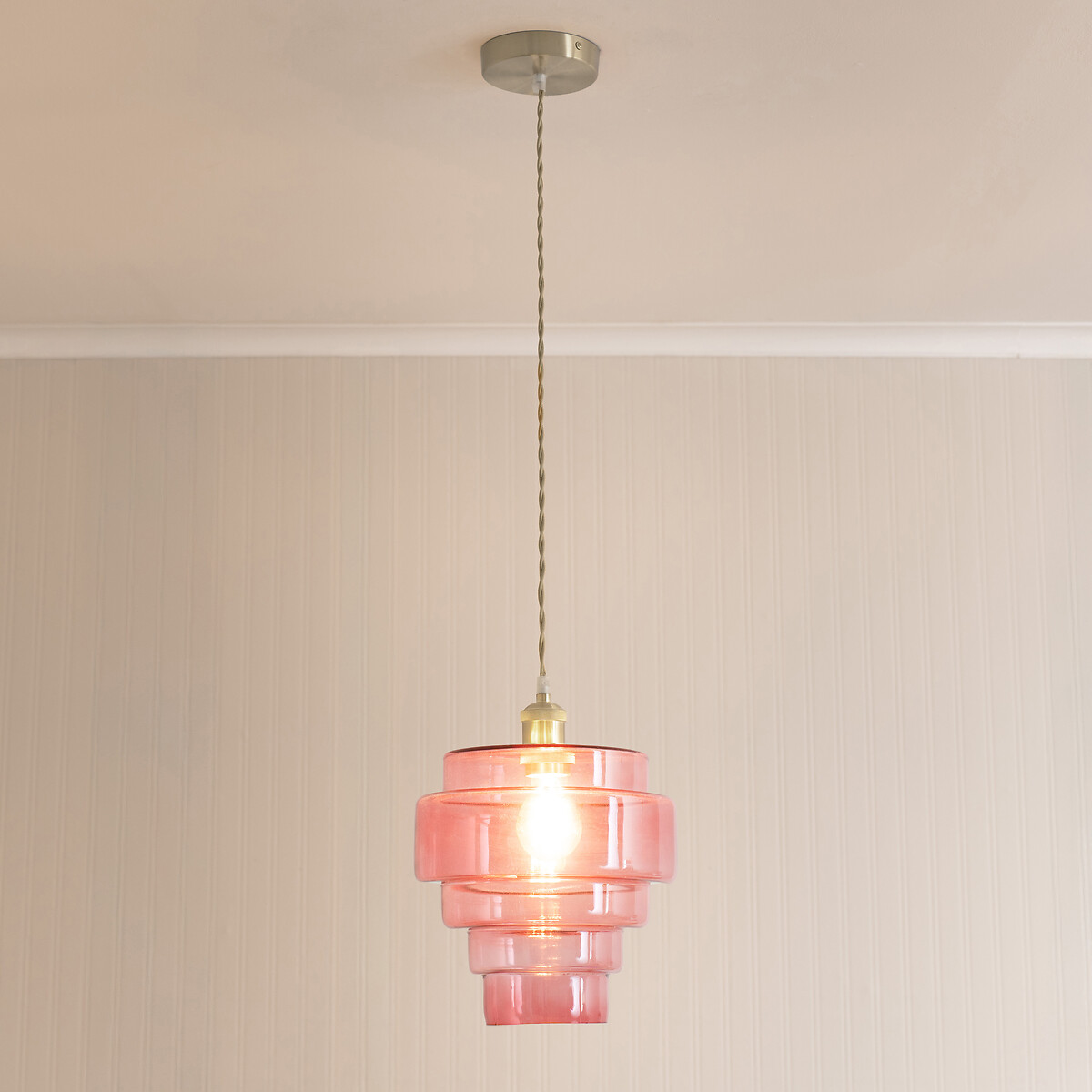 Lora Pendant Light with Glass 5-Tier Shade in Brushed Chrome pink, SO'HOME