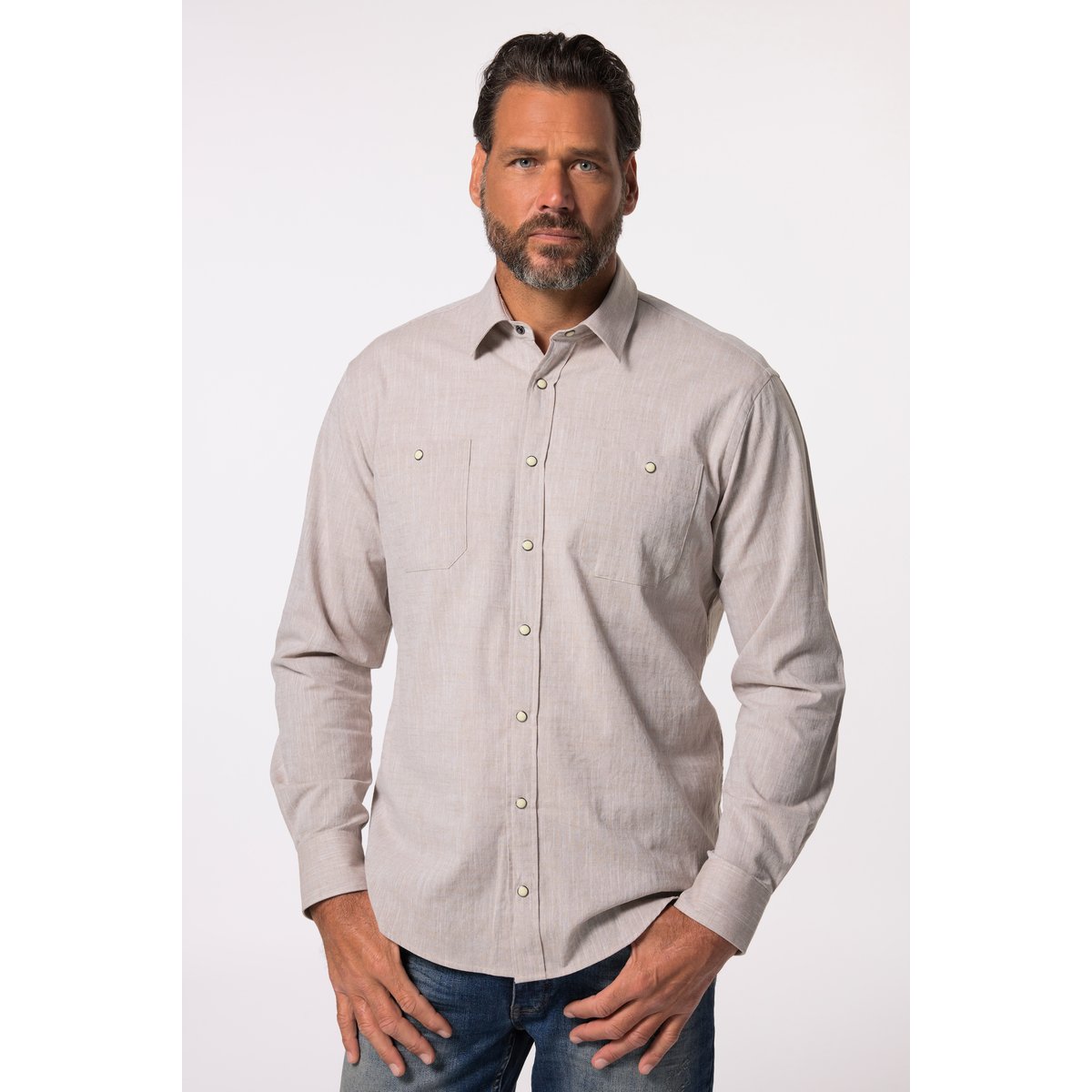 Chemise aspect lin. Manches longues et col beige foncé, JP1880