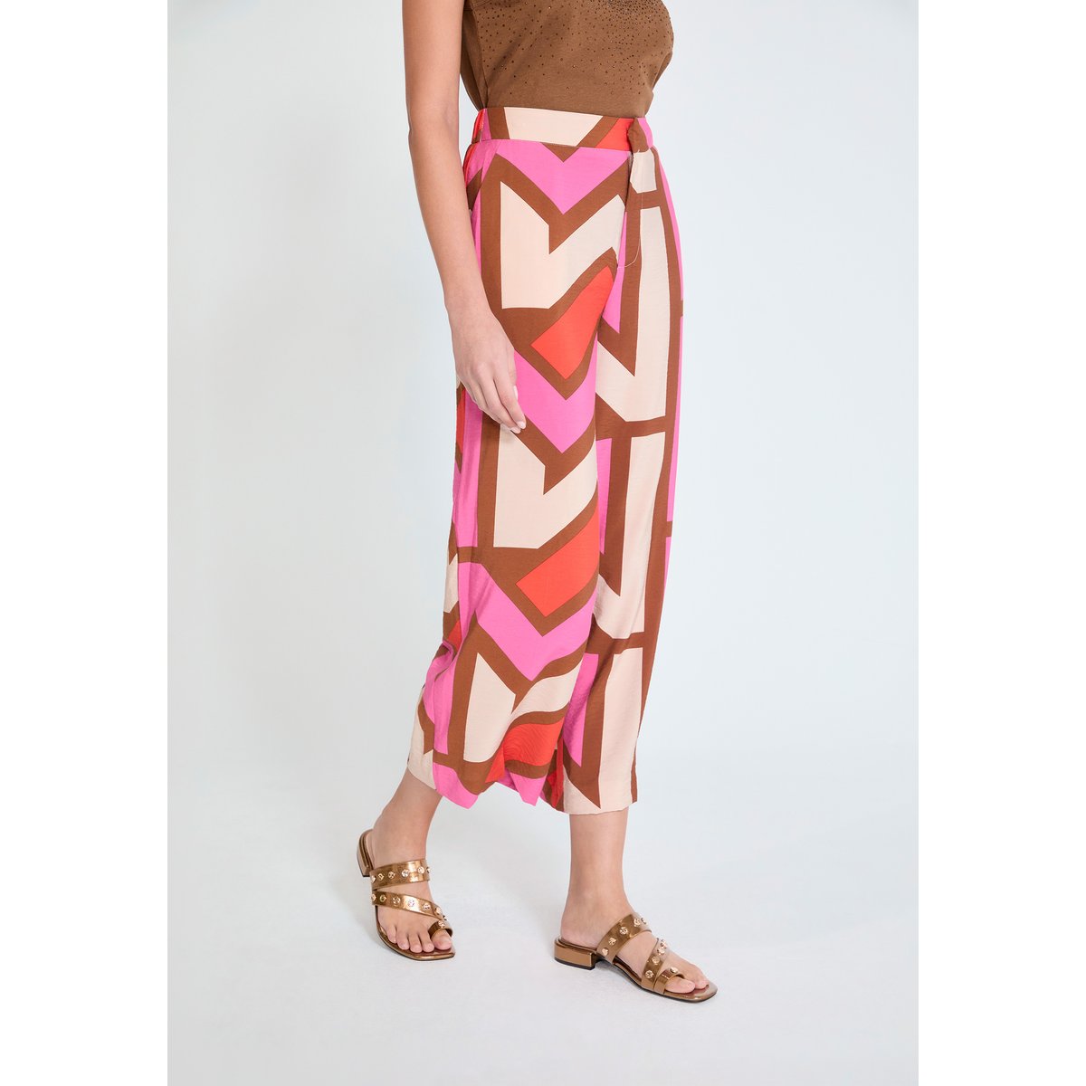 Pantalon large fluide à imprimé géométrique et taille élastiquée rose, LOLA CASADEMUNT