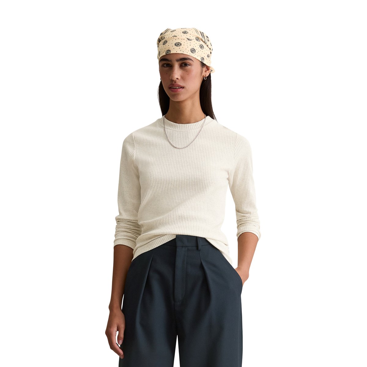 T-shirt long en jersey côtelé slim en coton bio mélangé et élastique blanc naturel, MARC O’POLO DENIM