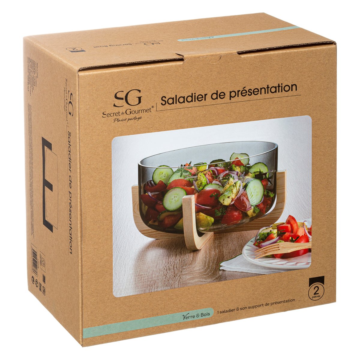 Saladier Arha D 24 Verre et bois grisfume, SECRET DE GOURMET