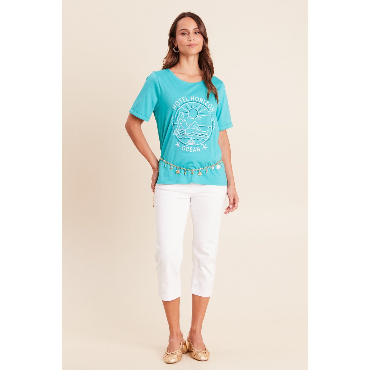 T-shirt col rond manches courtes brodé vert turquoise, BREAL