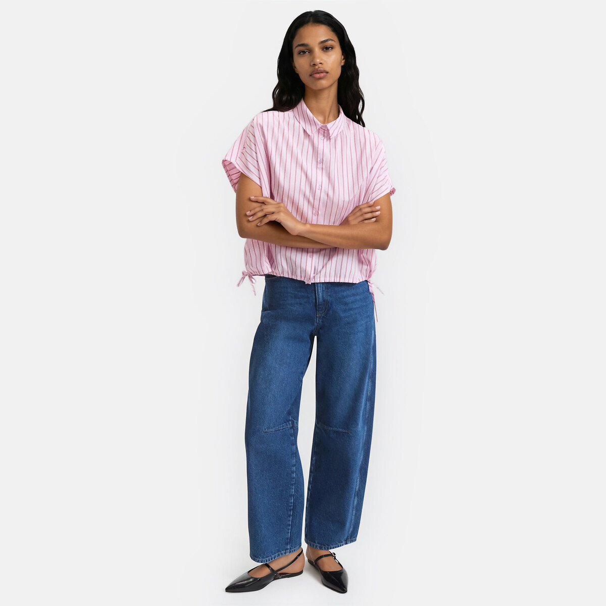 Chemise courte rayée, manches courtes, en coton rose rayé, LA REDOUTE COLLECTIONS