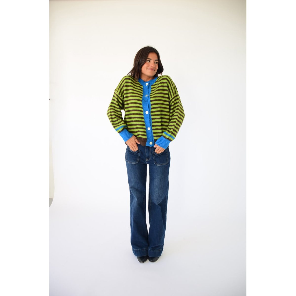 Gilet rayé en maille TESSA vert lime / marron, MINDTRAVELER