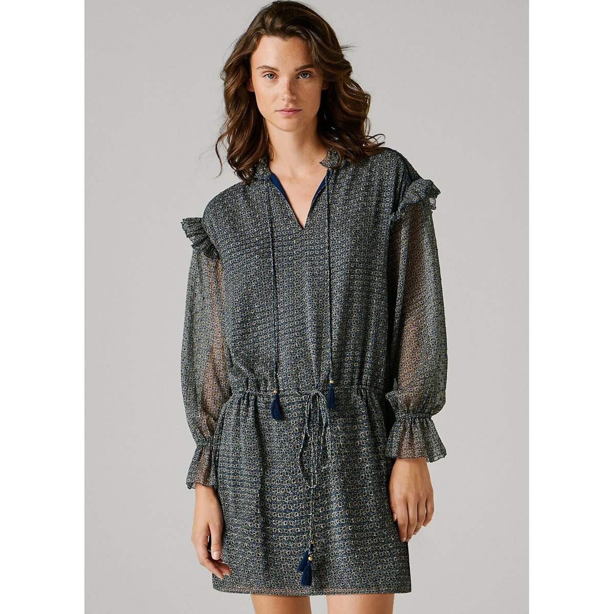 Robe courte, imprimée, à manches longues imprimé bleu, PEPE JEANS