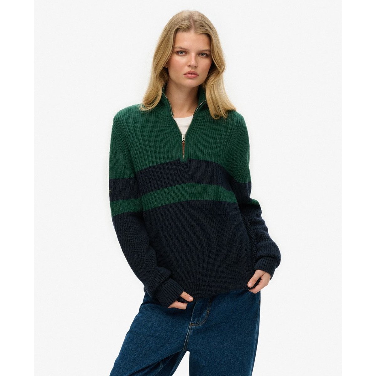 Pull oversize rayé en coton à col zippé Classic bleu marine/vert, SUPERDRY