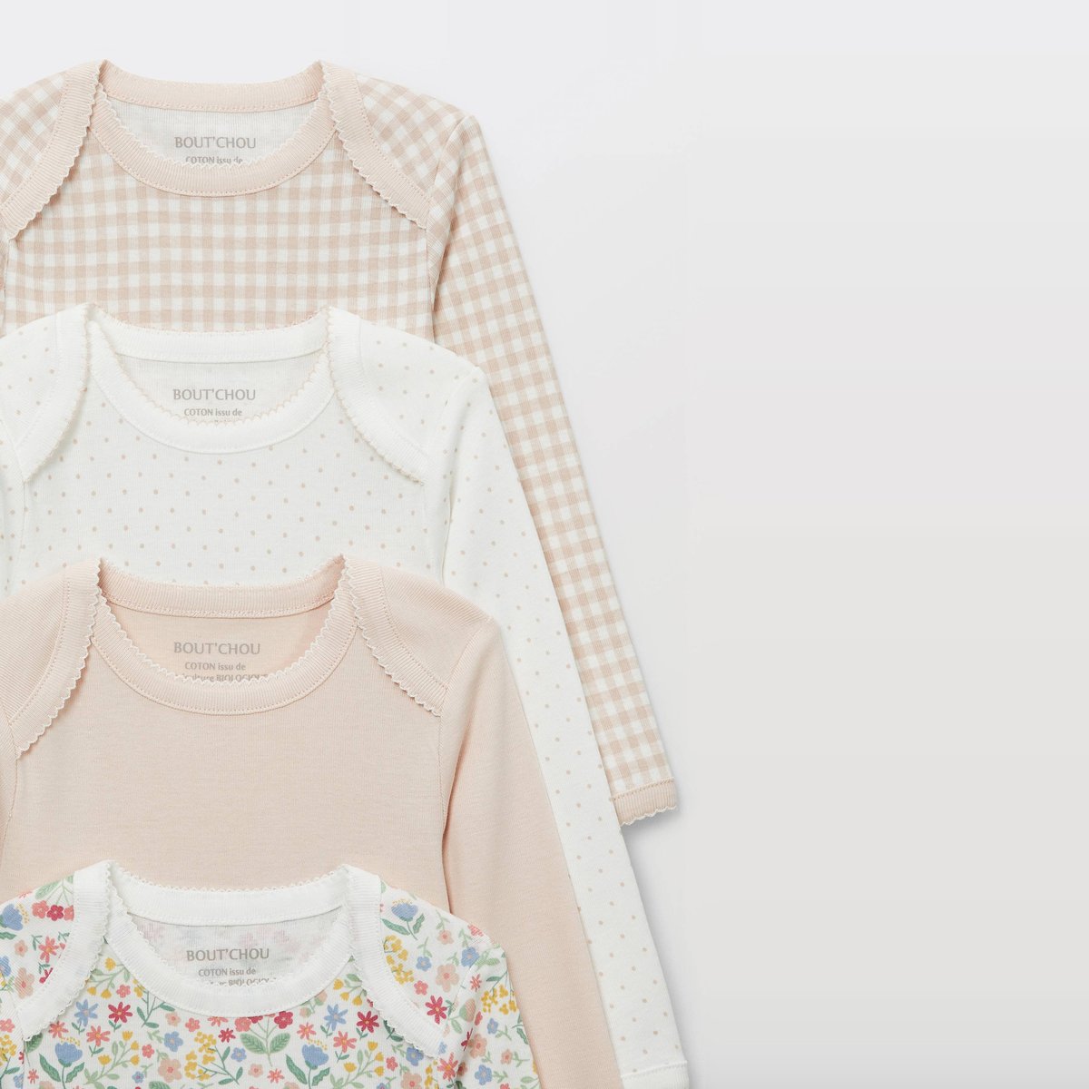 Lot de 5 bodies manches longues imprimé en coton BIO GOTS rosee, BOUT'CHOU