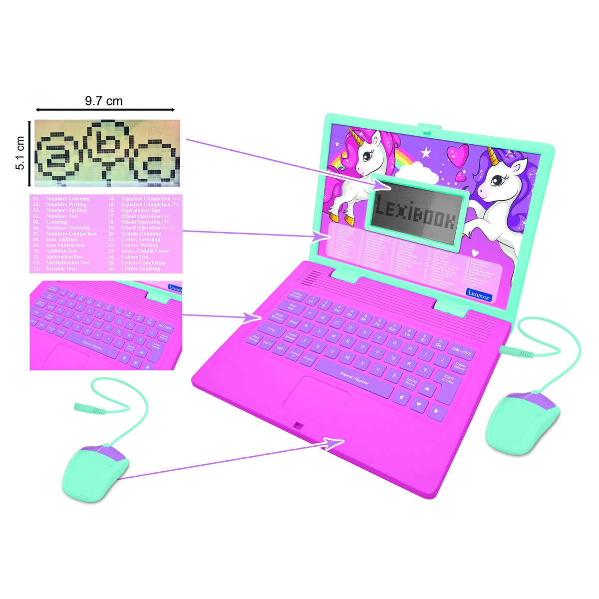 Ordinateur portable éducatif bilingue Licorne (FR/EN) rose, LEXIBOOK