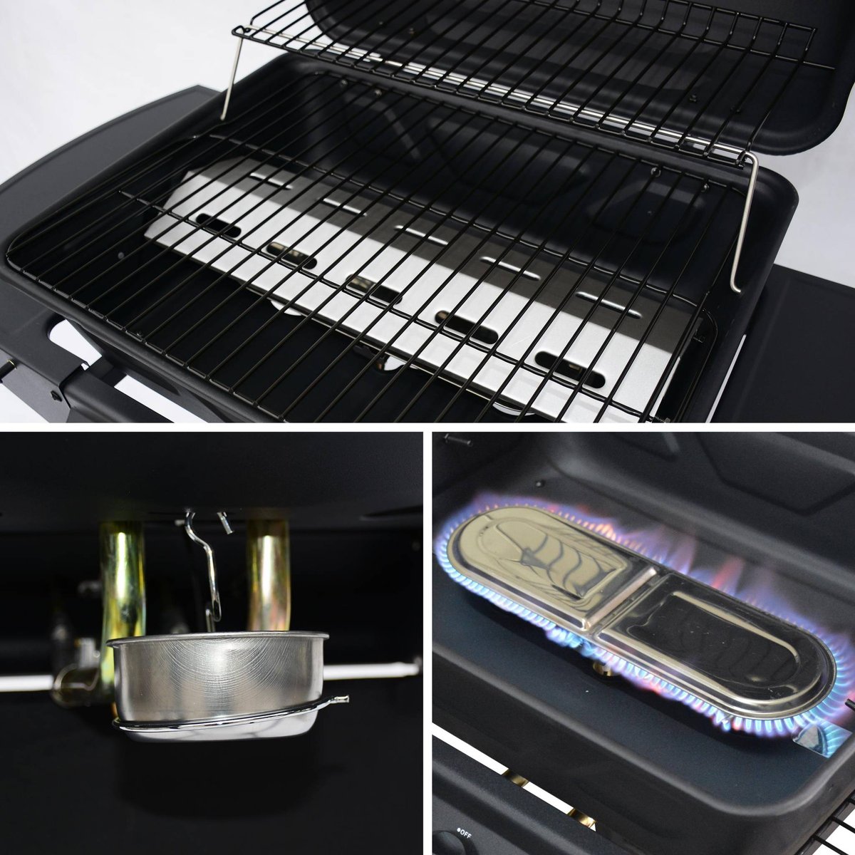 Barbecue gaz 2 brûleurs avec roues, tablettes et thermomètre ARAMIS noir, SWEEEK