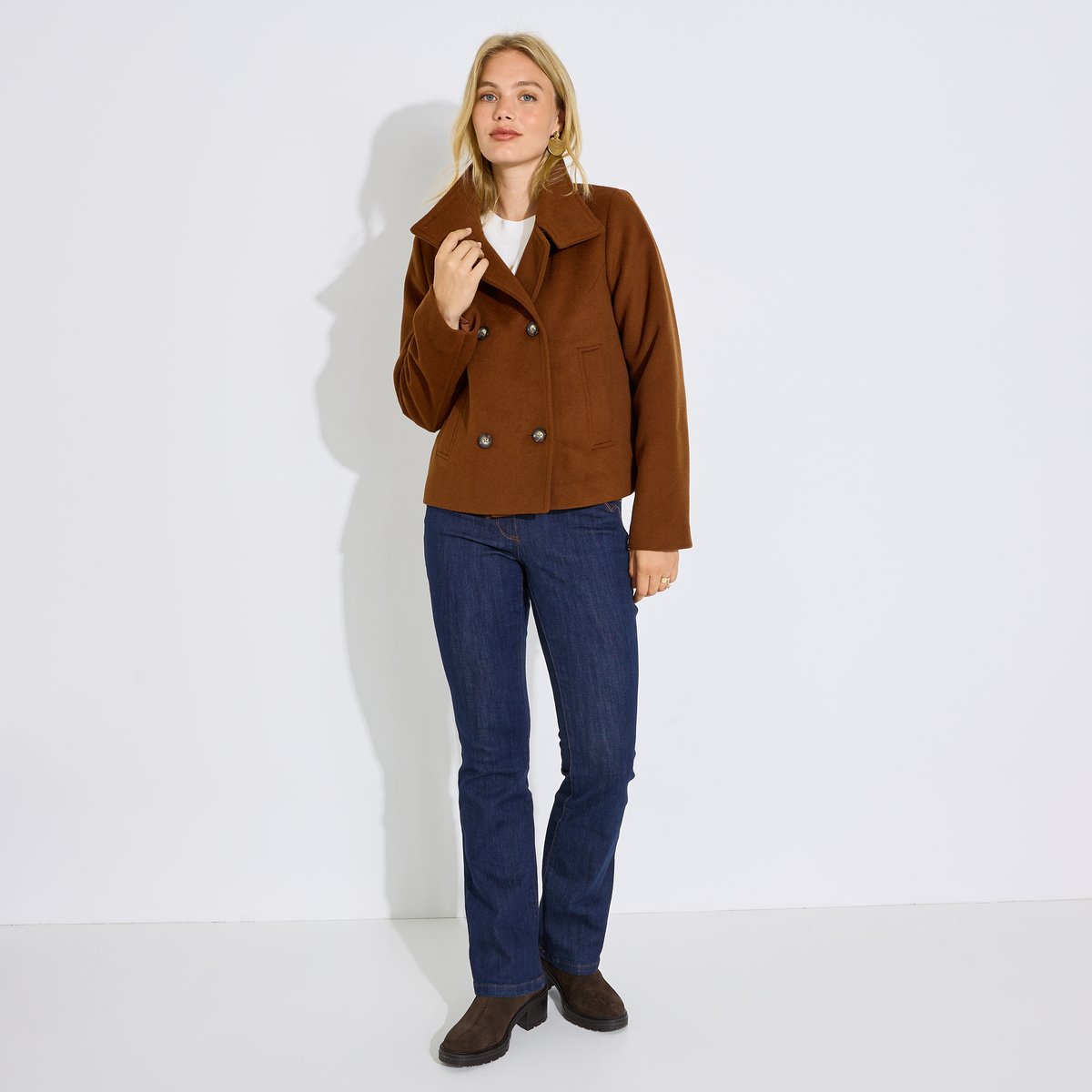 Manteau court col montant marron camel, GRAIN DE MALICE