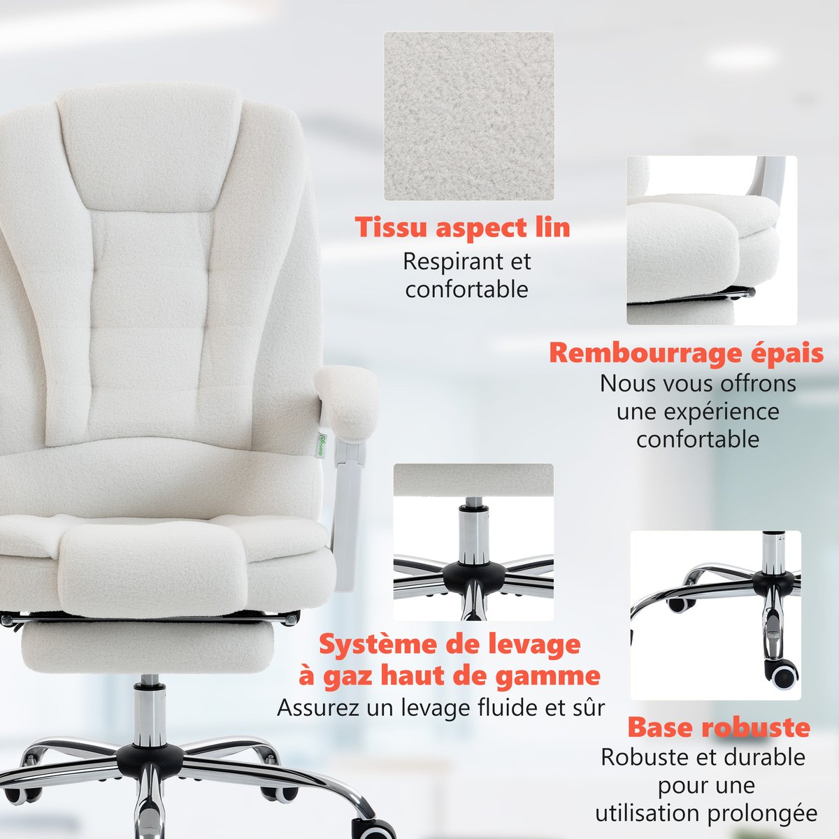 Fauteuil de bureau avec fonction massage Lin blanc, HOMCOM