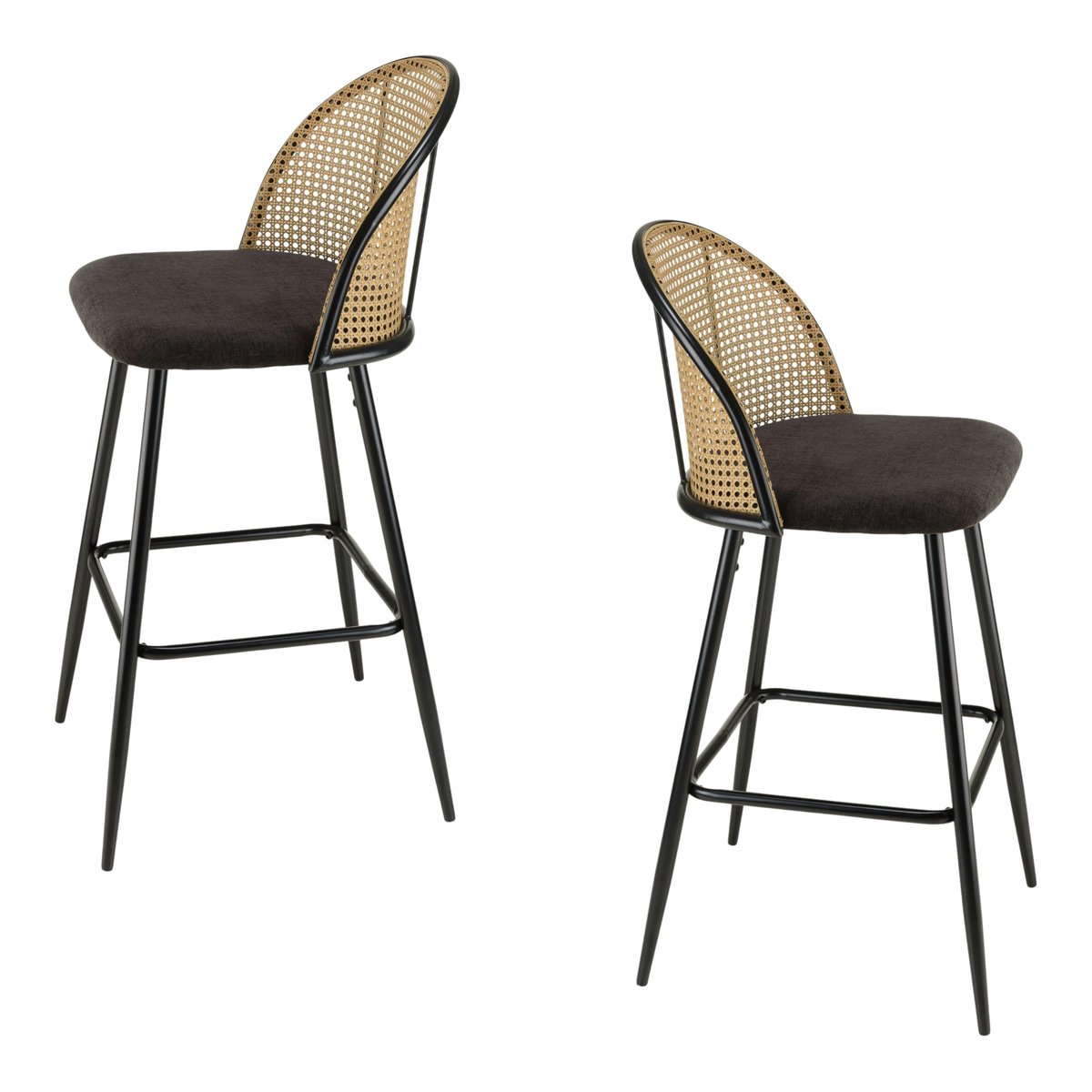 Chaise de bar assise velours noir dossier rotin arrondi (lot de 2) LOANO noir, PIER IMPORT