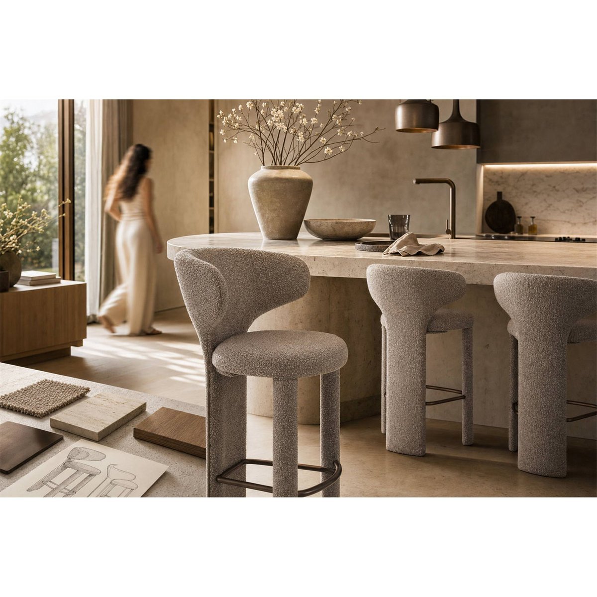 Tabouret de comptoir texturé moka chiné, RECOLLECTION
