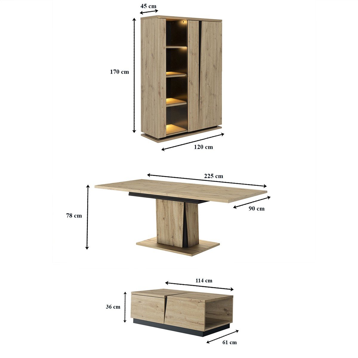 Ensemble vaisselier 2 portes avec éclairage avec table à manger extensible et table basse 1 tiroir Crack - Fabrication Française bois clair, CALICOSY