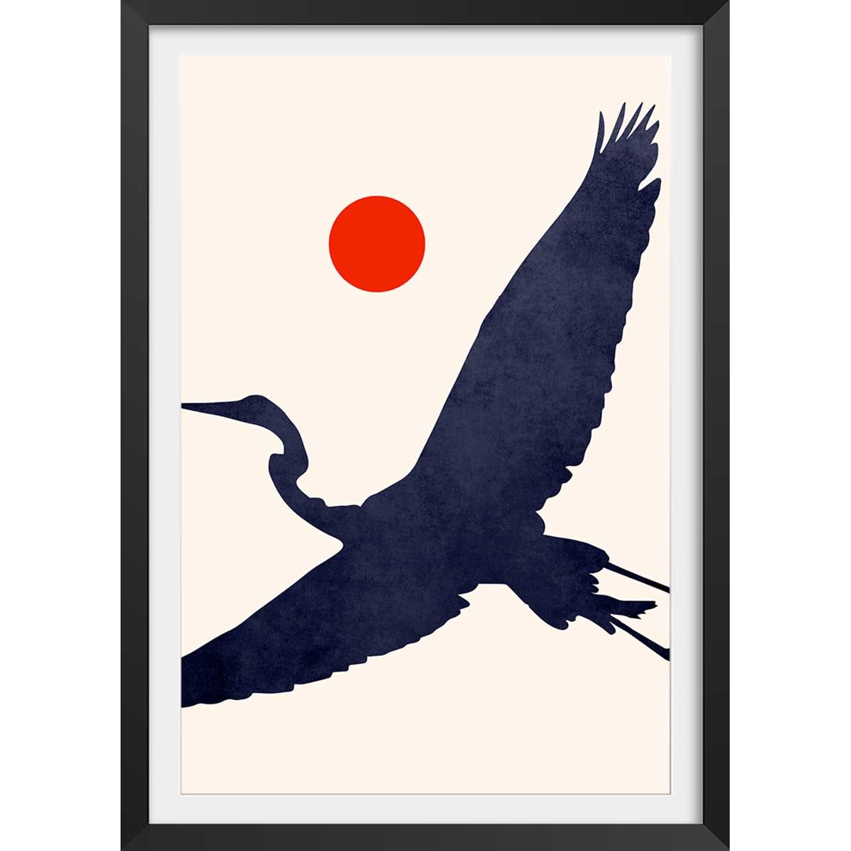 Affiche paysage Grue au soleil levant affiche + cadre en bois - noir, HEXOA