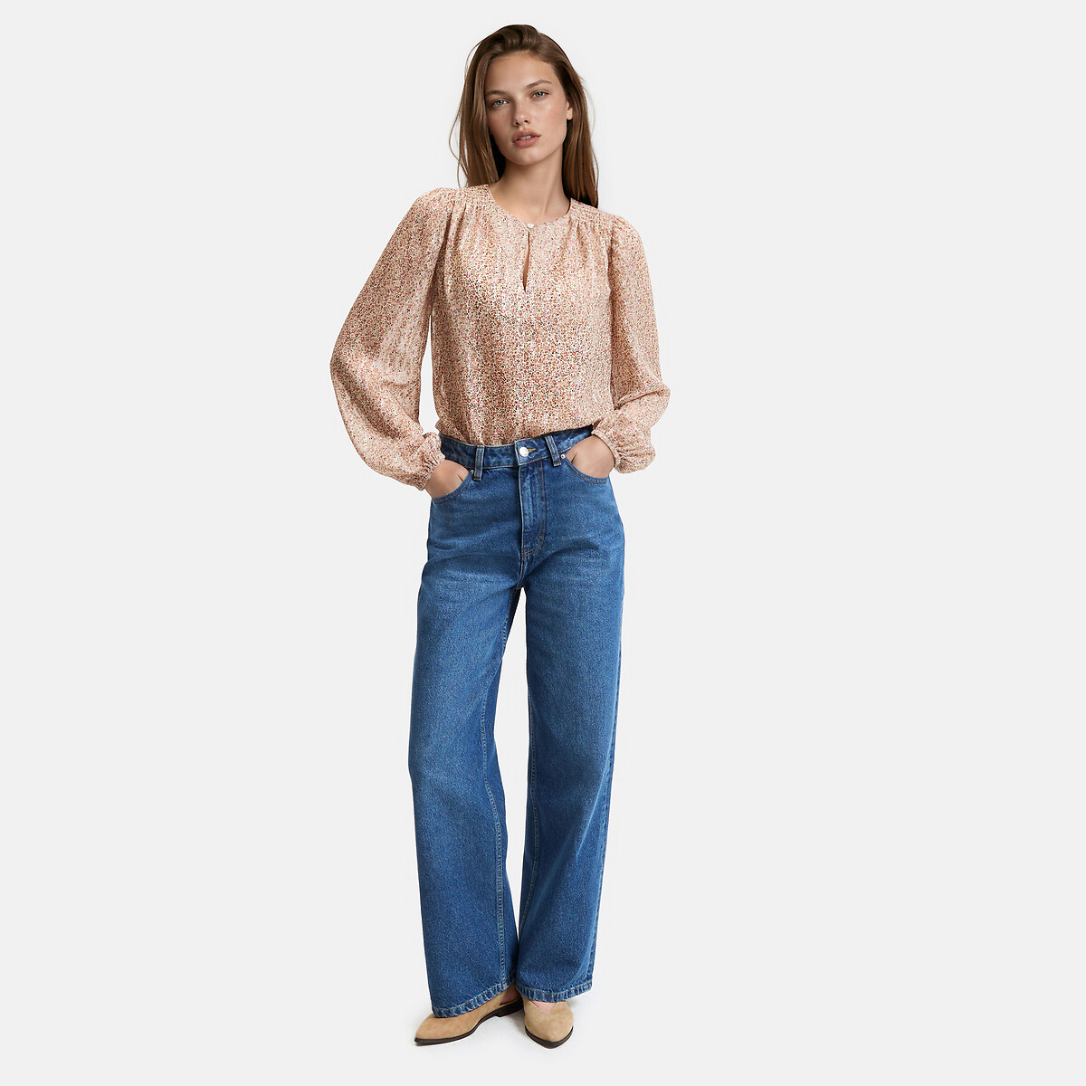 Blouse col rond imprimé floral manches longues imprimé fleuri rose, LA REDOUTE COLLECTIONS