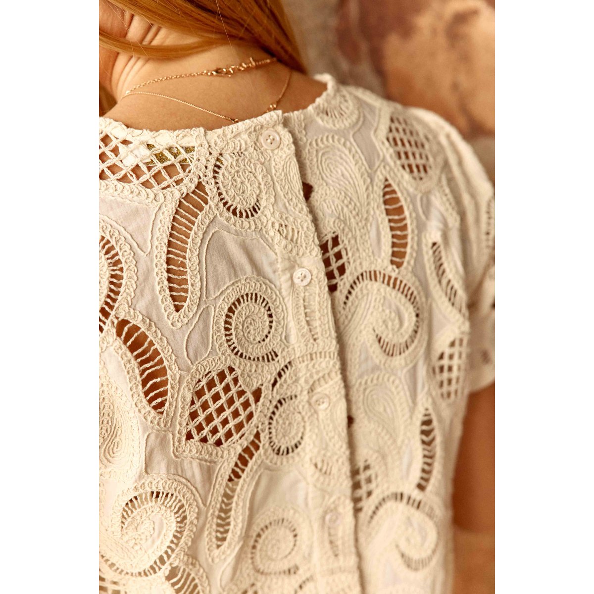 Top manches courtes col rond imprimé broderie TIVA 11-ecru, LA PETITE ETOILE