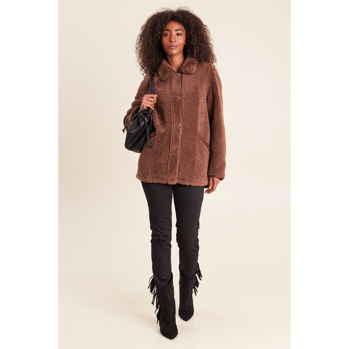 Manteau bouclette doublé manches longues marron, BREAL