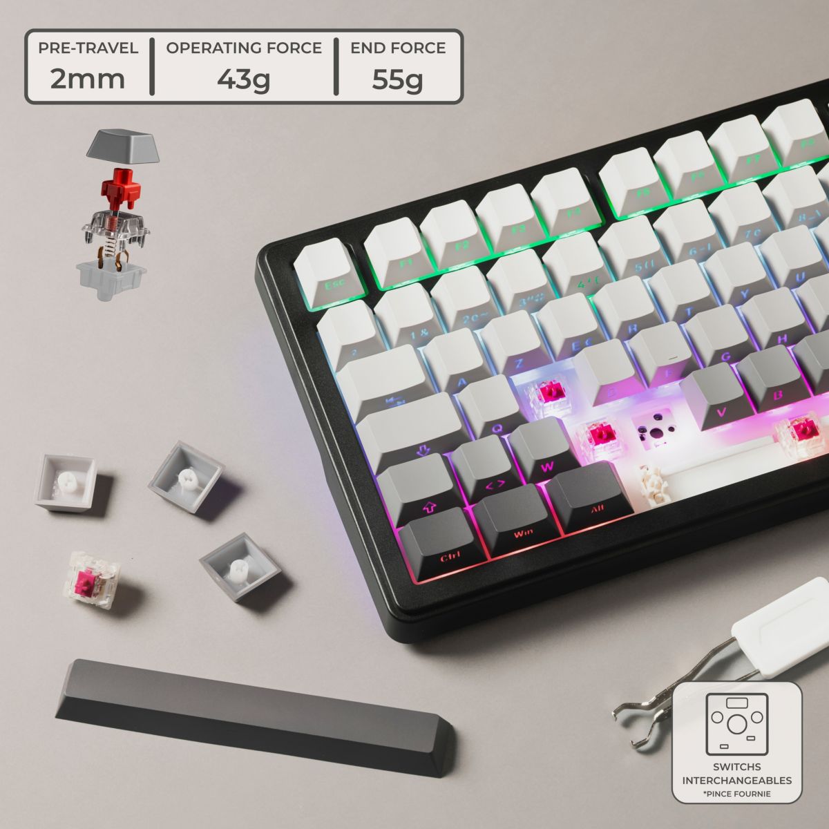 Clavier gamer sans fil Keyz Elite 300 GRG Triple Mode Gris couleur unique, THE G-LAB