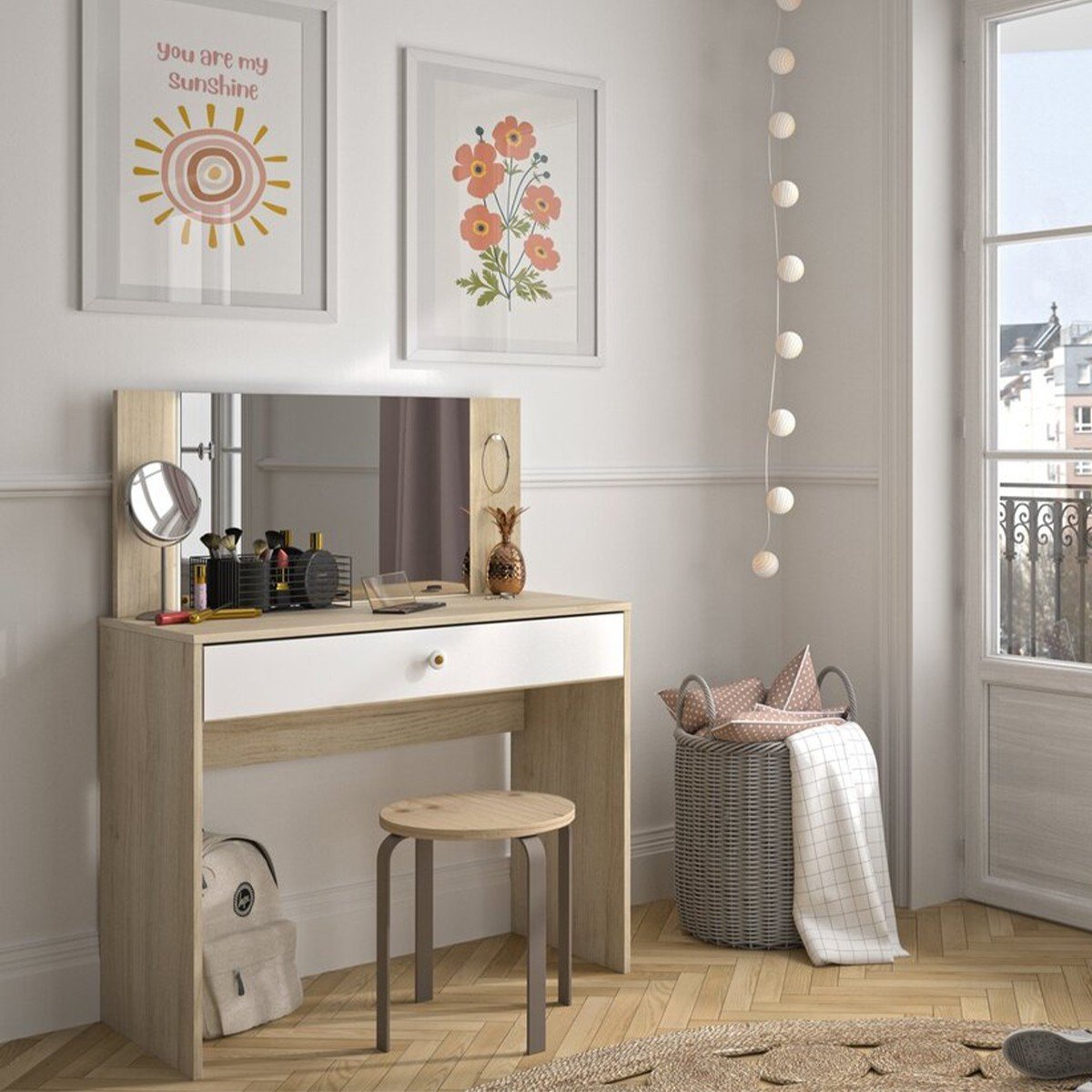 Coiffeuse avec 1 tiroir de rangement L94 cm - MAKEUP blanc/bois, CALICOSY
