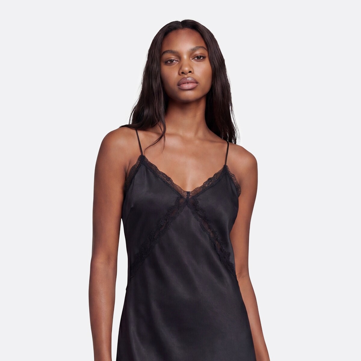 Robe longue en satin à fines bretelles et dentelle noir, LA REDOUTE COLLECTIONS