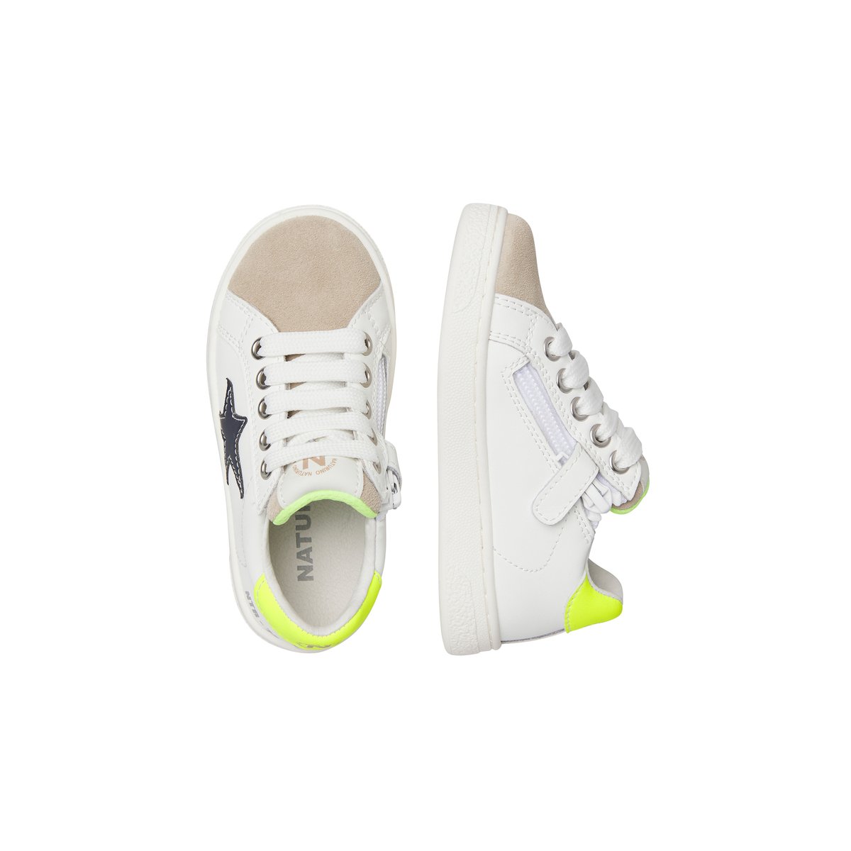 Baskets en cuir et en daim PINN ZIP. blanc-marine, NATURINO