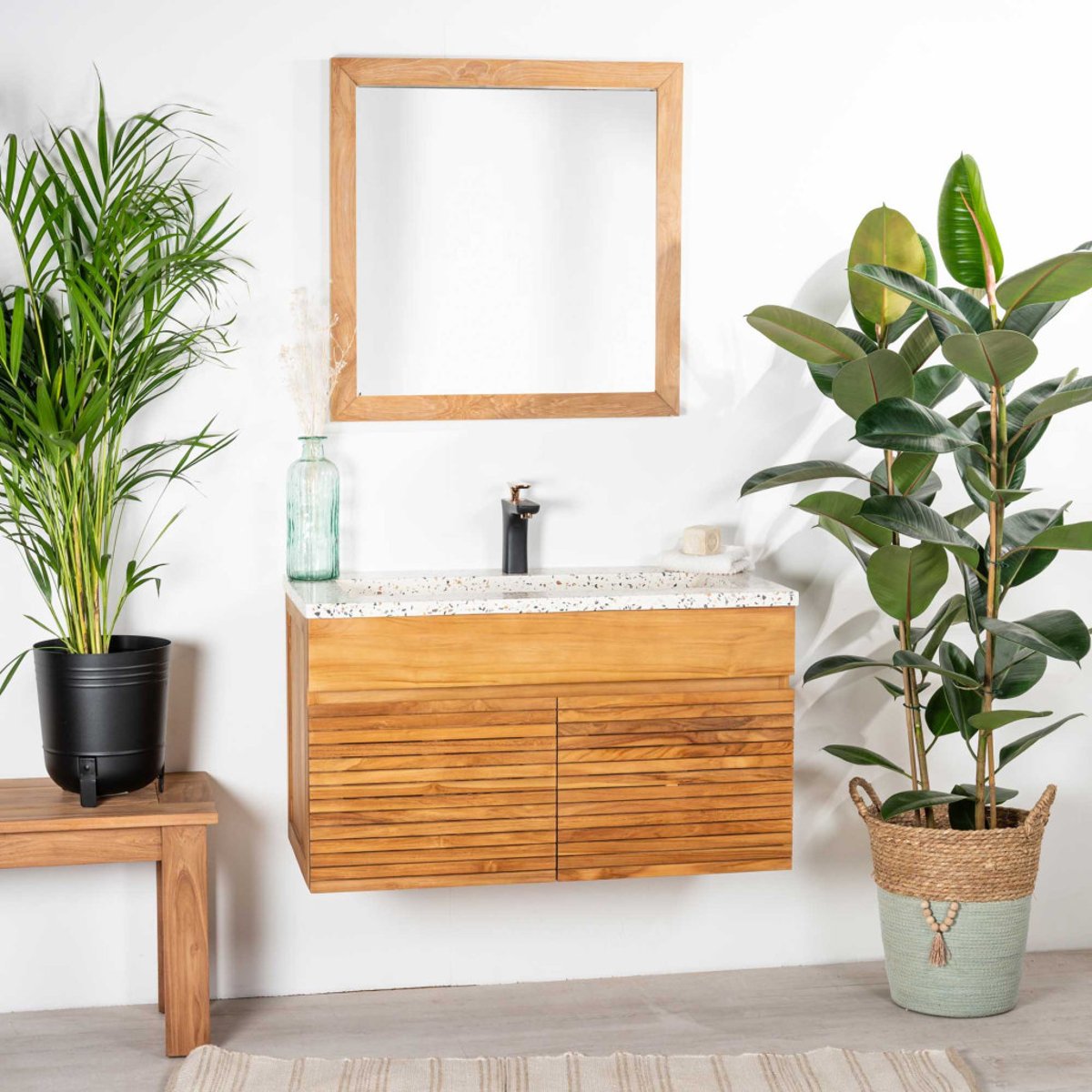 Meuble salle de bain en teck et terrazzo crème Aktual 90cm crème, WANDA COLLECTION