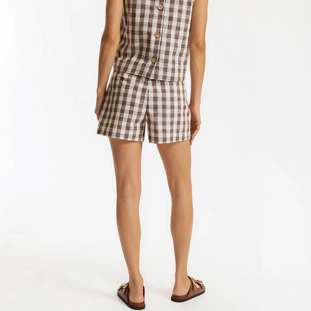 Short imprimé vichy en coton et lin vichy marron, LA REDOUTE COLLECTIONS