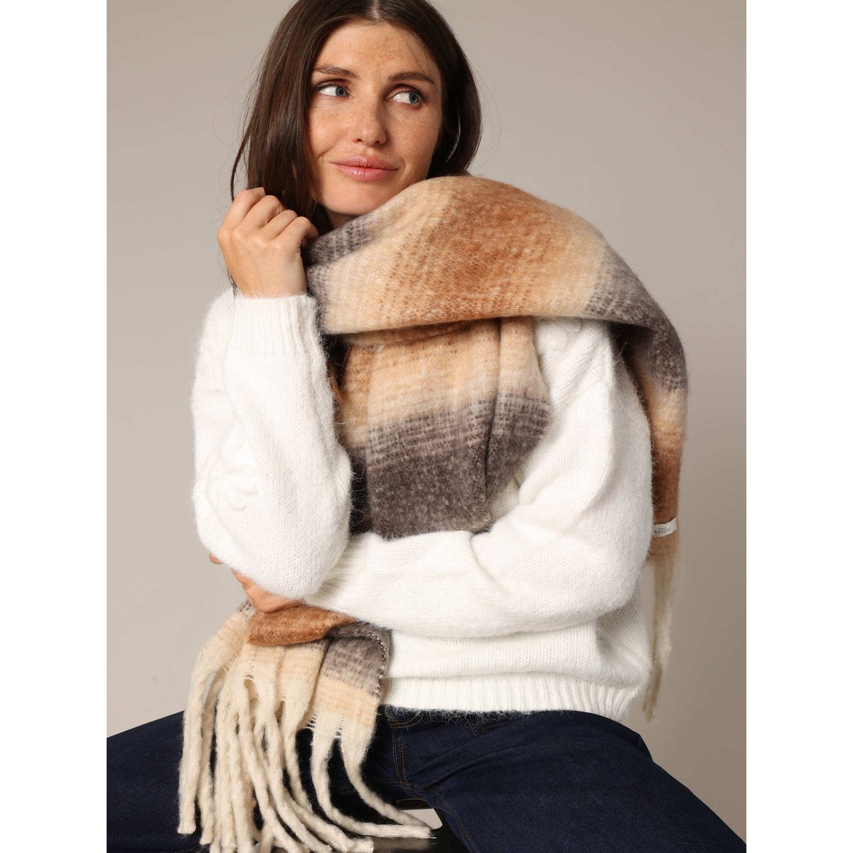 Écharpe moelleuse à gros carreaux, couleurs dégradées ELSANA camel, DEELUXE