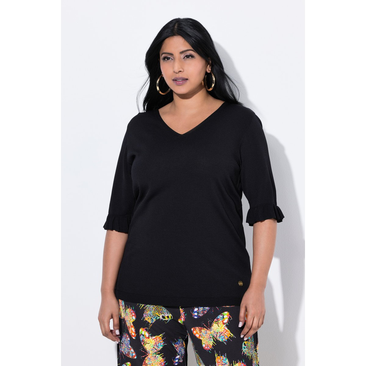 Pull en maille, encolure en V noir, ULLA POPKEN